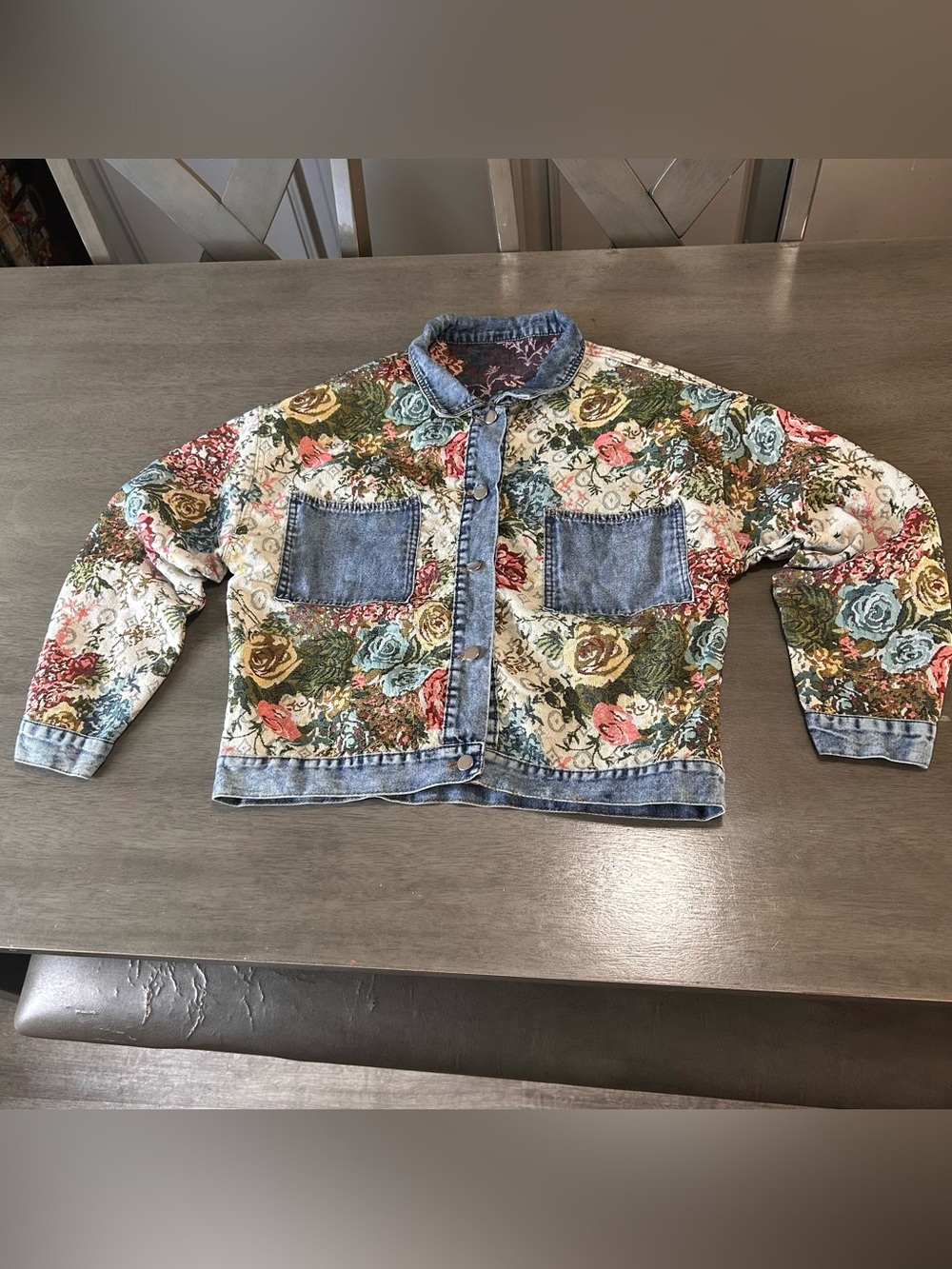 Floral Tapestry Denim Trim Cropped Jacket Boho Cottagecore